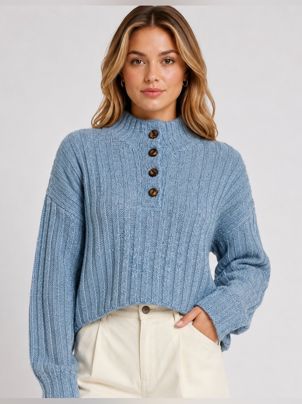Emory Park Large Chucky Knit Sweater Blue Button Neck Pullover Sweatshirt Boho